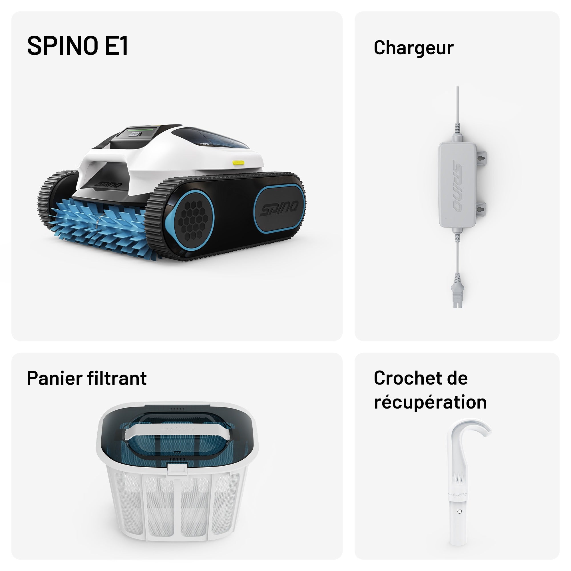 Ensembder Roboter de piscine Mammotion SPINO E1 comprenant l'unité principale, le chargeur, le panier, et le crochet de récup�